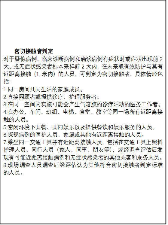 密切接觸者判定
對于疑似病例、臨床診斷病例和確診病例有癥狀時或癥狀出現(xiàn)前2天、或無癥狀感染者標(biāo)本采樣前2天內(nèi)，在未采取有效防護(hù)與其有近距離接觸（1 米內(nèi)）的人員，可判定為密切接觸者。具體情形包括：
1.同一房間共同生活的家庭成員。
2.直接照顧者或提供診療、護(hù)理服務(wù)者。
3.在同一空間內(nèi)實施可能會產(chǎn)生氣溶膠的診療活動的醫(yī)務(wù)工作者。
4.在辦公、車間、班組、電梯、食堂、教室等同一場所有近距離接觸的人員。
5.密閉環(huán)境下共餐、共同娛樂以及提供餐飲和娛樂服務(wù)的人員。
6.探視病例的醫(yī)護(hù)人員、家屬或其他有近距離接觸的人員。
7.乘坐同一交通工具并有近距離接觸人員，包括在交通工具上照料護(hù)理人員、同行人員（家人、同事、朋友等），或經(jīng)調(diào)查評估后發(fā)現(xiàn)有可能近距離接觸病例和無癥狀感染者的其他乘客和乘務(wù)人員。
8.現(xiàn)場調(diào)查人員調(diào)查后經(jīng)評估認(rèn)為其他符合密切接觸者判定標(biāo)準(zhǔn)的人員。
